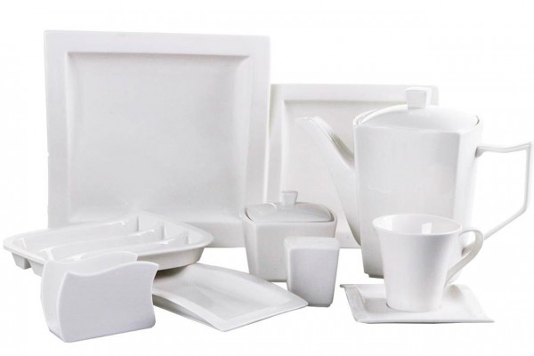 Taç Ocean 50 Parça Porselen Kahvaltı Takımı | Kare Form | Beyaz | 6 Kişilik