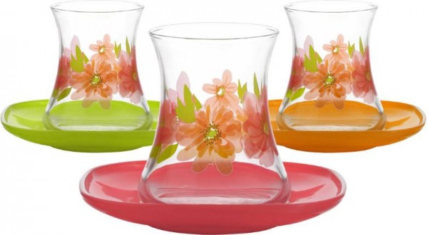 Lav Floral 6'li Çiçek Desenli Çay Seti 12 Parça - Renkli Tabaklı | Floral-0001
