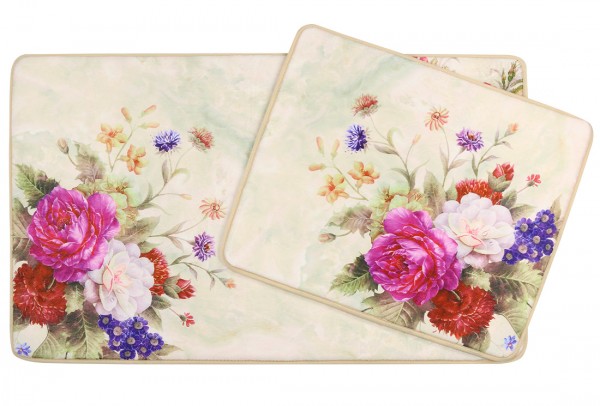 Almina Vintage Çiçek Motifli Banyo Paspas Seti 2 Parça | Krem