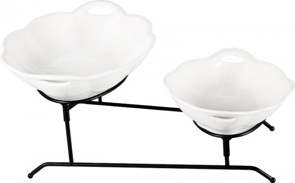 Duygu Metal Standlı 2'li Çiçek Tasarımlı Porselen Çerez - Kahvaltı Seti | Beyaz