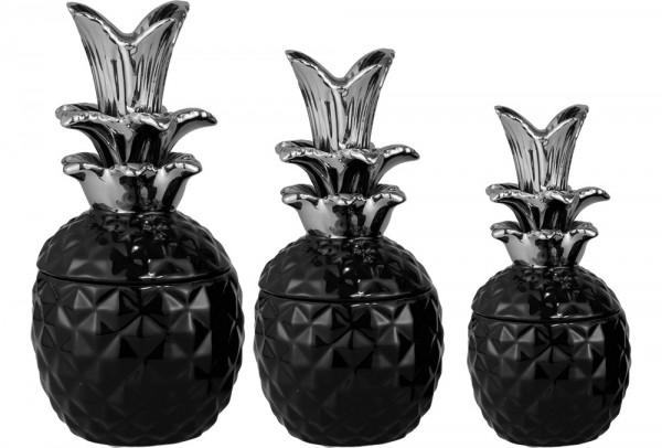 Dekonaz 3'lü Vazo Seti Ananas Form | Siyah Gümüş