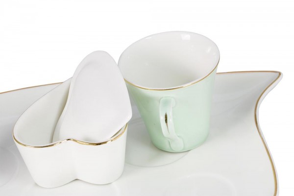 Dekonaz Yaprak Tasarımlı Porselen 2'li Kahve Fincan Seti 6 Parça | Uçuk Yeşil